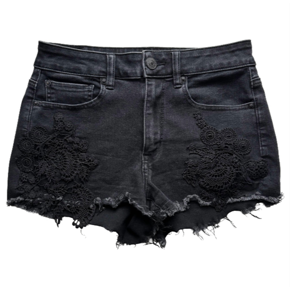 AE Black Denim Crochet Overlay High Waisted Shorts - Picture 1 of 8
